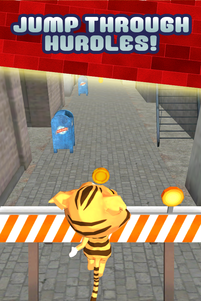 Happy City Animal Pet Game for Kids by Fun Puppy Dog Cat Rescue Animal Games FREE - A cartoon cat jumping over a striped hurdle to collect gold coins in a city alleyway.