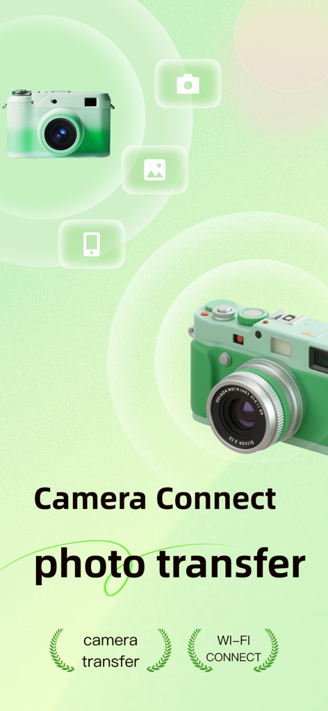 Banner promocional do aplicativo Camera Connect mostrando transferência de fotos sem fio entre uma câmera e um smartphone