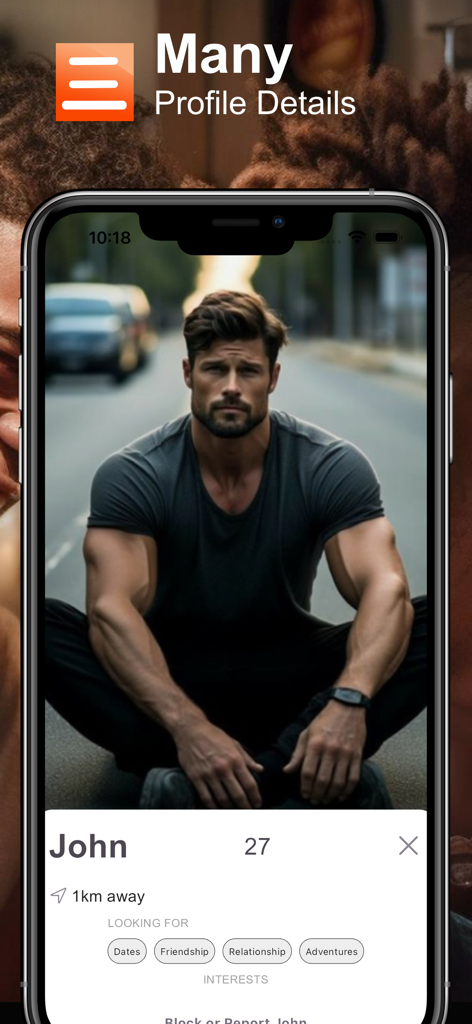 NextBoy - Gay Chats & Dating - Un perfil de usuario detallado en la aplicación de citas gay NextBoy que muestra la foto, edad, ubicación e intereses de citas de un hombre.