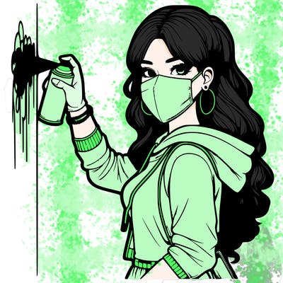 realistic girl with mask spray painting a wall