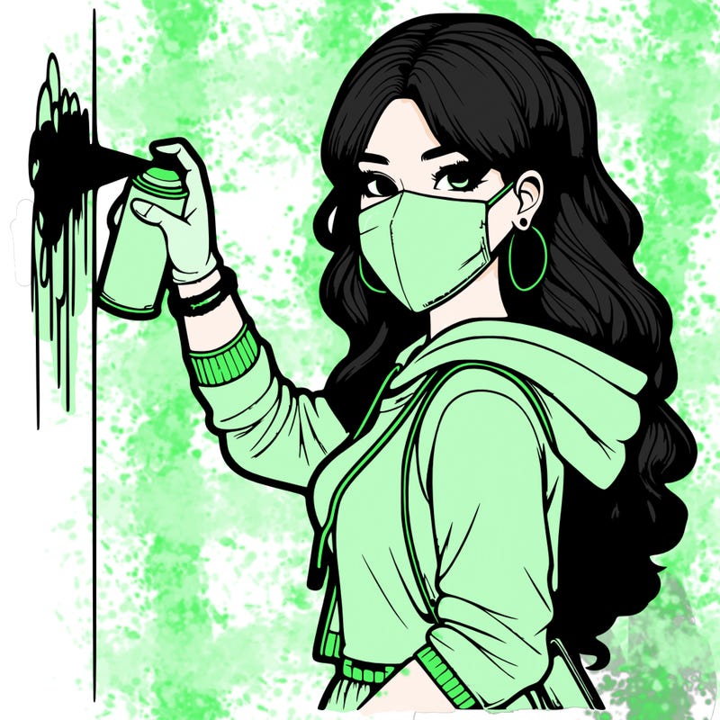 realistic girl with mask spray painting a wall