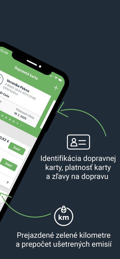 Écran mobile de l'application Ubian montrant la gestion de la carte de transport et la fonction de suivi des kilomètres verts.