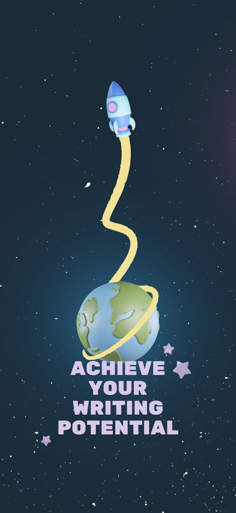 Fabula. Story Planner - Illustration of a rocket launching from Earth into a starry sky with text saying Achieve your writing potential.