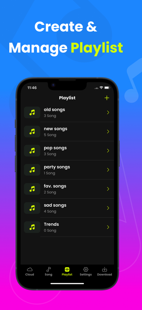 Offline Player : Music & Video - Smartphone screen showing music playlist management in the Offline Player app