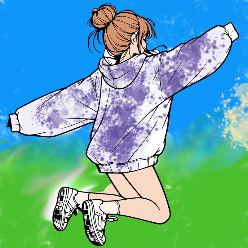 realistic girl jumping with a bun and oversized sweatshirt
