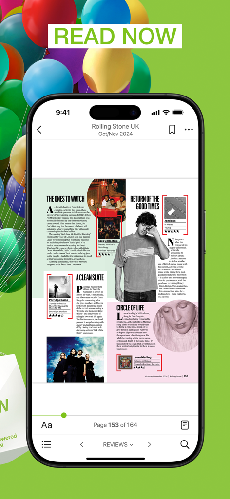BorrowBox - BorrowBoxアプリのインターフェース。モバイルデバイスにRolling Stone誌のデジタル版が表示されている。