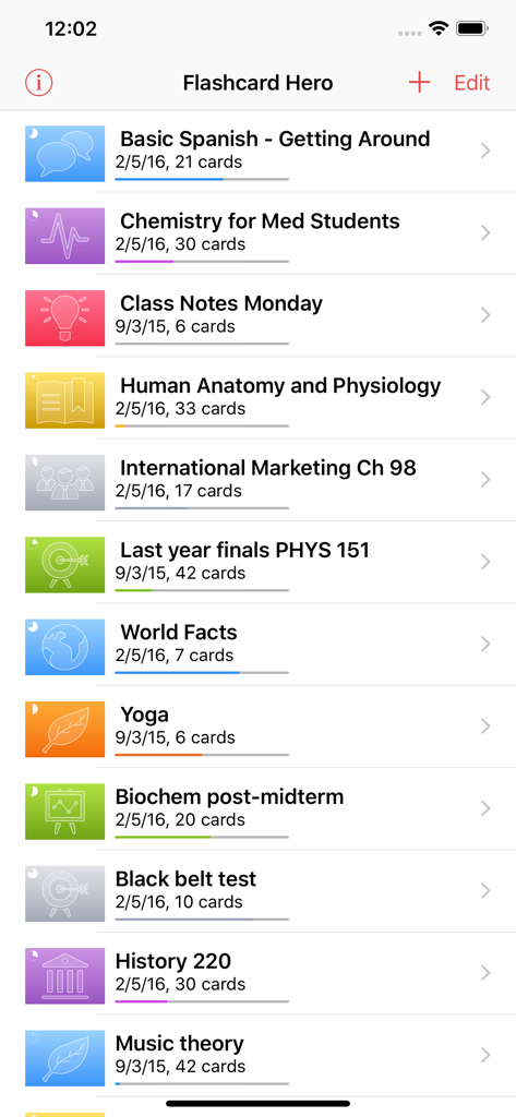 A list of various study decks and topics organized within the Flashcard Hero app
