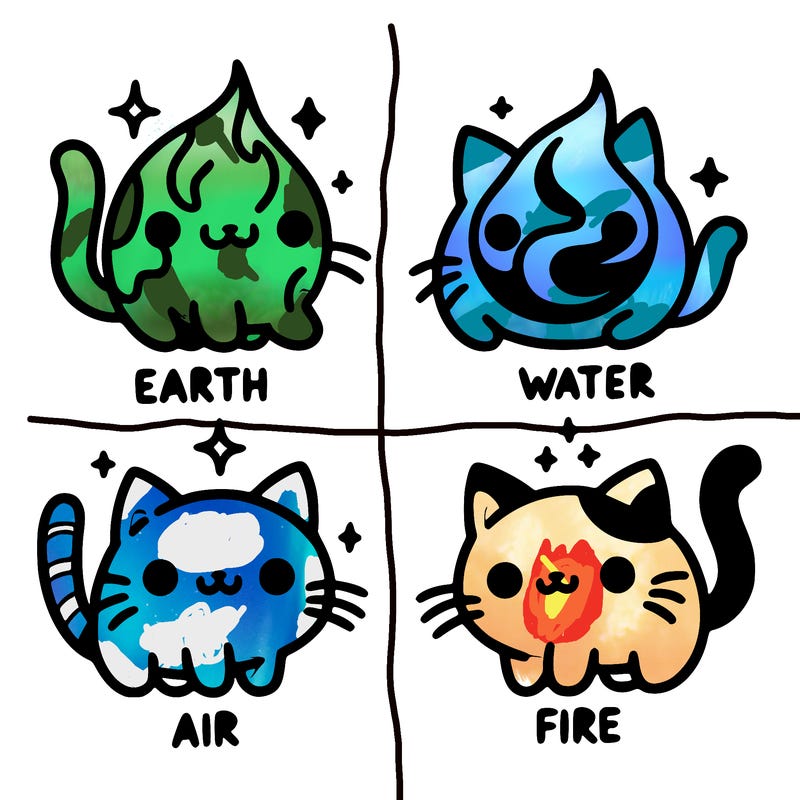 4 cats that represent the different elements, earth, water, air, and fire