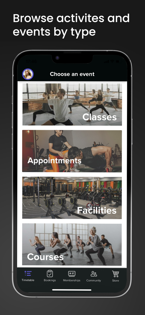 Glofox - Schermata dell'app Glofox che mostra le opzioni per sfogliare le attività fitness per tipo, incluse lezioni, appuntamenti e strutture.