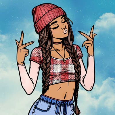 realistic teenage girl with braids and a beanie and crop top doing 🫶🏼