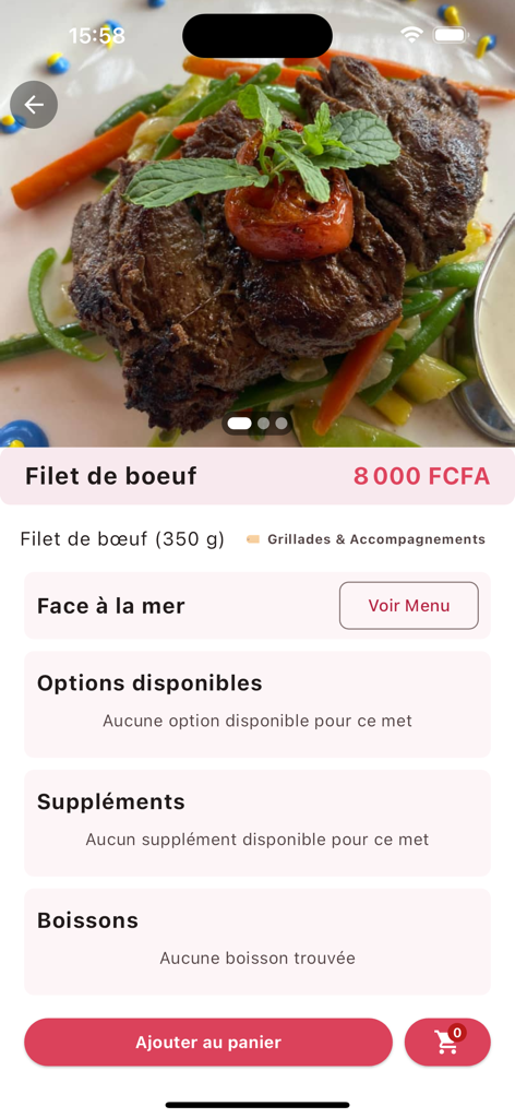 MAC Eats - Tela de pedido do aplicativo MAC Eats exibindo um prato de filé de carne com preço e opções de pedido.