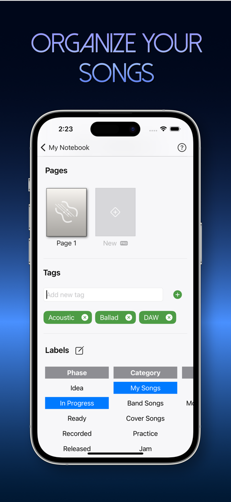 Guitar Notebook - Pantalla de la aplicación Cuaderno de Guitarra mostrando la organización de canciones con etiquetas y categorías