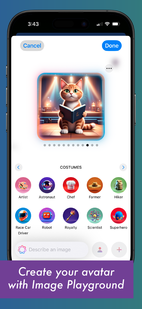 Avatar creation interface in the Spark Reading for Kids app featuring a reading cat and various costume icons.