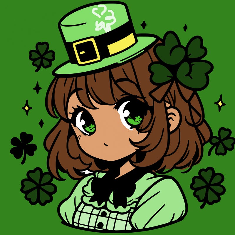 a manga-style girl with clovers around her, a little hat in her hair, like it's saint patrick's day