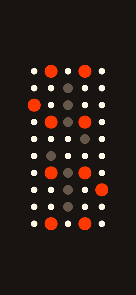 Una cuadrícula minimalista de puntos blancos, grises y rojos sobre un fondo oscuro en el juego Bruto