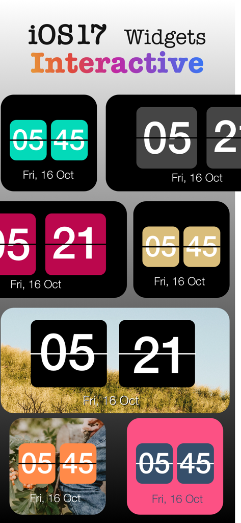 Flip Clock - Digital Clock - A variety of colorful interactive flip clock widgets for iOS 17 showing different themes and backgrounds