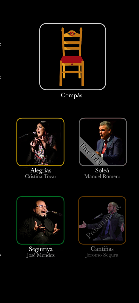 Flamenco Compás - Flamenco Compás app menu showing various flamenco styles and artists for practice