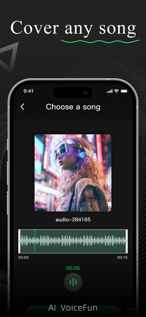 VoiceFun app interface for creating AI voice song covers with audio waveform and digital avatar