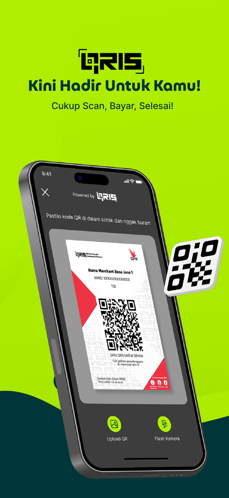 Superbank: Save, Borrow, Grow - A smartphone displaying the Superbank app interface for scanning QRIS codes to make instant digital payments