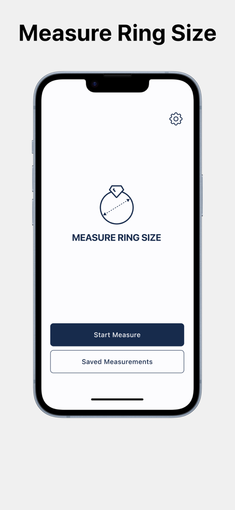 Main screen of the Ring Sizer app on a smartphone with start measure and saved measurements buttons
