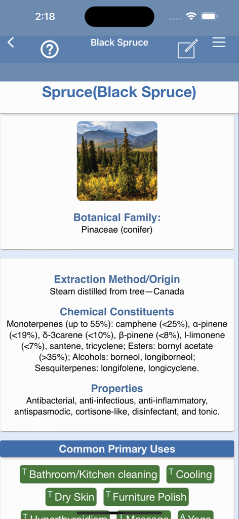 Ref Guide for Essential Oils - Screenshot of the Reference Guide app showing detailed properties and uses for Black Spruce essential oil