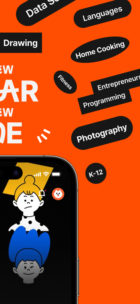 A smartphone interface of CLASS101 app highlighting diverse learning categories like photography cooking and programming on a vibrant orange background