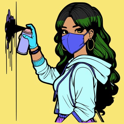 realistic girl with mask spray painting a wall