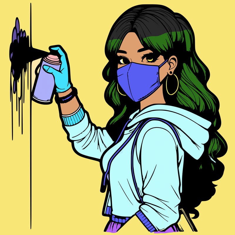 realistic girl with mask spray painting a wall