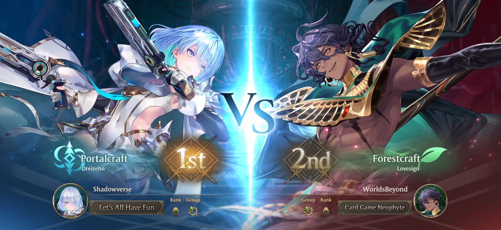 A battle matchup screen from Shadowverse Worlds Beyond showing two anime characters representing the Portalcraft and Forestcraft classes.