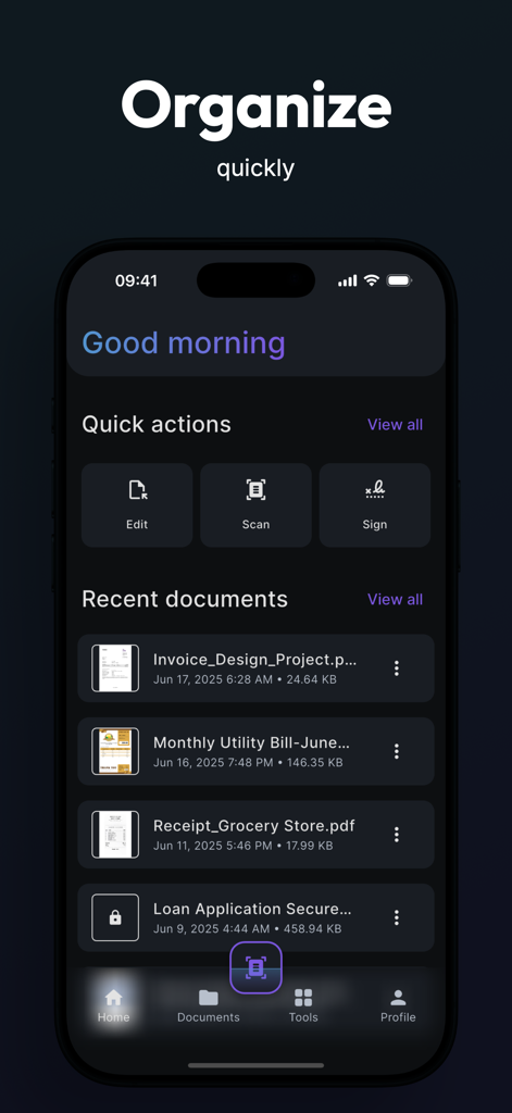 Docsy - Scan & Sign Documents - Docsy app home screen showing a list of recent documents and quick action buttons for editing scanning and signing