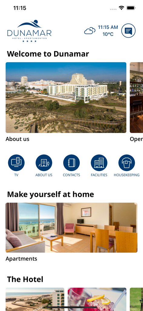 Pantalla de inicio de la aplicación móvil Hotel Dunamar que muestra fotos generales del hotel e iconos de navegación para TV, instalaciones y servicio de limpieza.