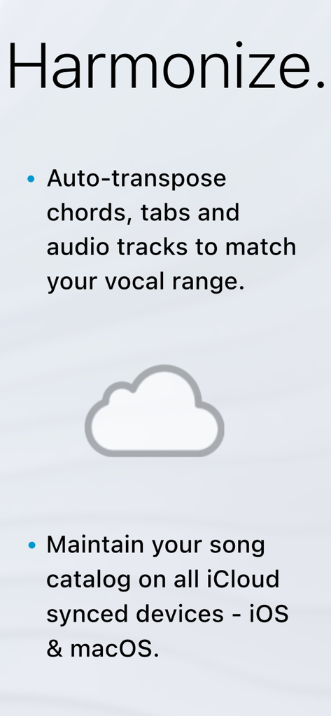 Songs - The App For Musicians - Übersicht der Funktionen der Songs-App, die die automatische Transponierung für den Stimmumfang und die iCloud-Katalogsynchronisierung über Geräte hinweg hervorhebt