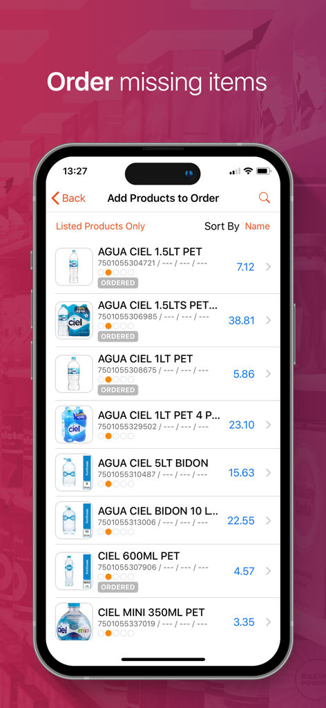 Eine mobile Oberfläche der Exceedra-App, die eine Produktliste zur Bestellung fehlender Einzelhandelsartikel zeigt