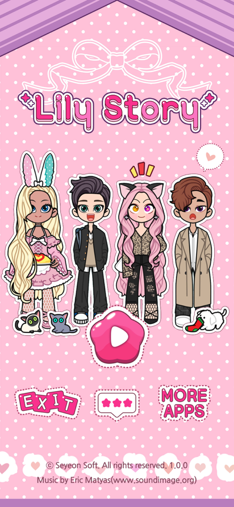 Lily Story - Lily Storyのホーム画面。ピンクの背景に4人のカスタマイズ可能なアニメキャラクターが表示されています