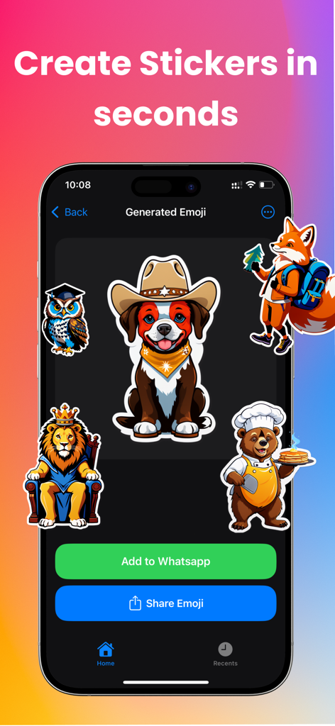 AI Emoji Maker - Playground - A smartphone screen displaying several AI generated stickers including a cowboy dog and a bear chef with buttons to share or add to WhatsApp.
