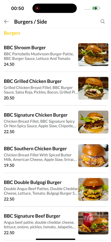 BBC Chicken & Beer - BBC Chicken and Beer app burger menu showing various burgers with prices and images
