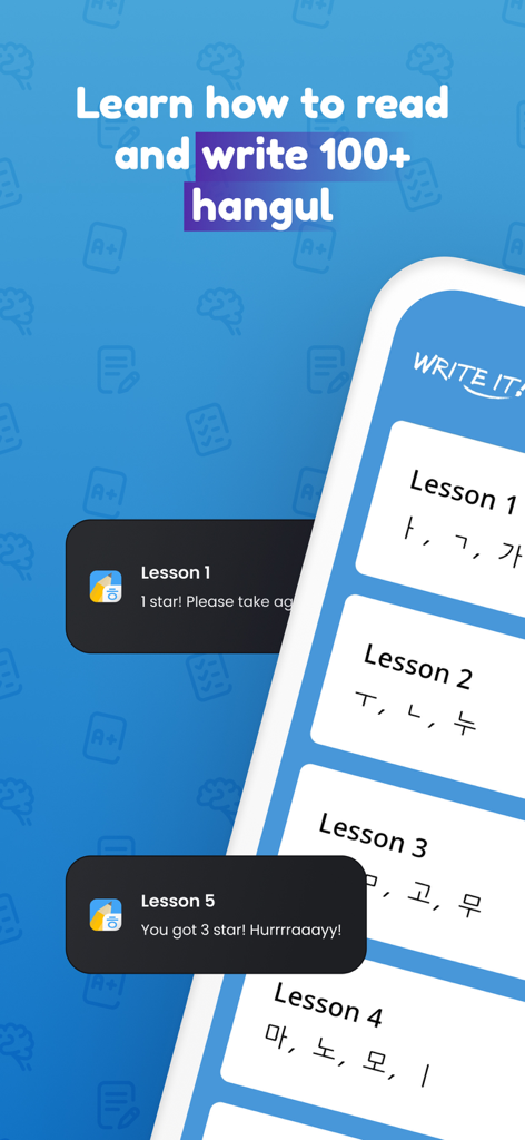 Mobile app interface showing Korean hangul lessons with star ratings and achievement notifications