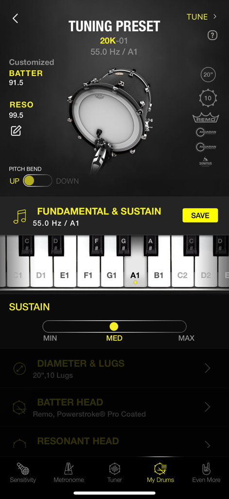 Drumtune PRO | Drum Tuner - Drumtune PRO app interface showing drum tuning presets with pitch frequency and sustain settings