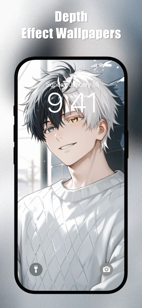 Anime Boy Wallpapers - Ein iPhone-Sperrbildschirm, der ein hochwertiges Anime-Jungen-Hintergrundbild mit Tiefeneffekt zeigt.