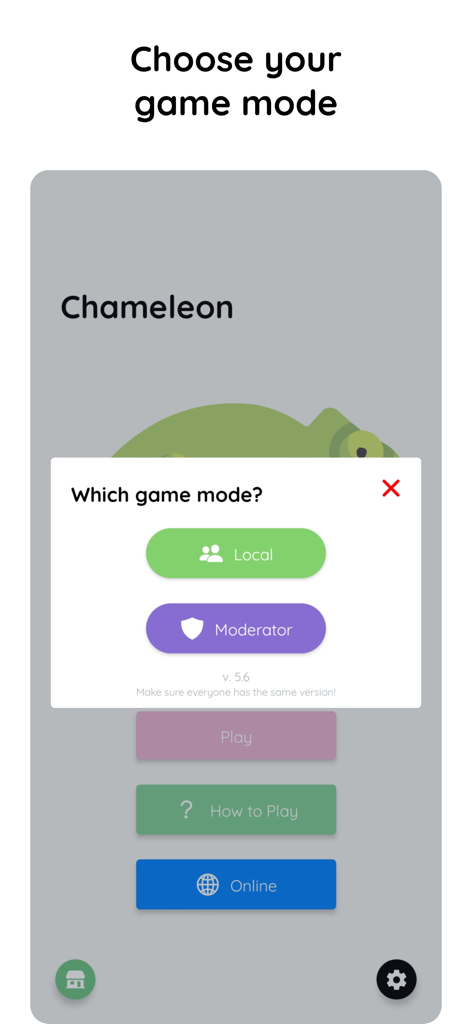 Chameleon app screen for choosing between local and moderator game modes