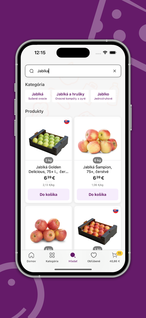 Košík.sk - Search results for apples in the Kosik.sk grocery delivery app interface.