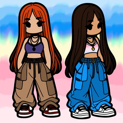 girl in baggy pants crop top and long hair