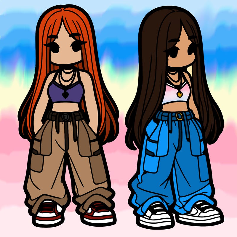 girl in baggy pants crop top and long hair