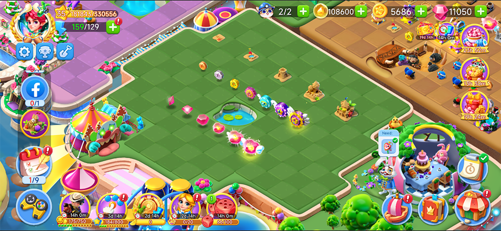 Merge Fairy Tales - Merge Game - A colorful screenshot of the Merge Fairy Tales mobile game showing the merge board and fairy tale characters