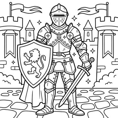 Unleash your child's imagination with this fantastic late medieval knight coloring page, designed especially for young adventurers aged 4-8. Featuring a valiant knight in shining armor, complete with a shield and sword, set against a magnificent castle backdrop.