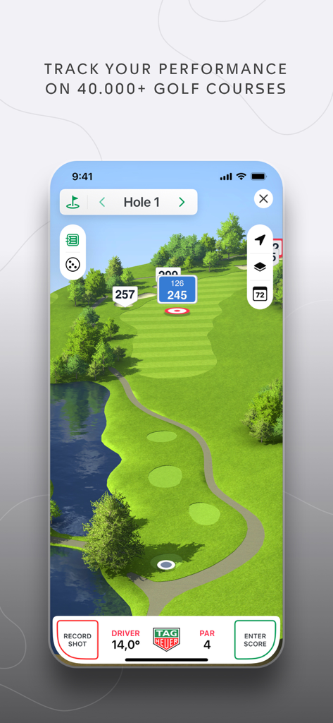 TAG Heuer Golf - GPS & 3D Maps - iPhone screen showing a detailed 3D golf course map for hole 1 in the TAG Heuer Golf app