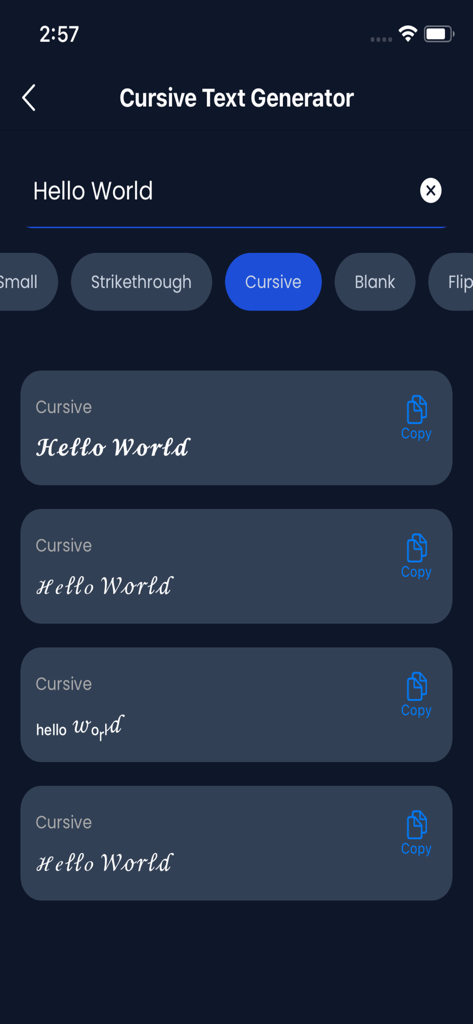 Stylish Text Generator App - A mobile app interface showing different cursive font styles for the text Hello World with copy buttons.
