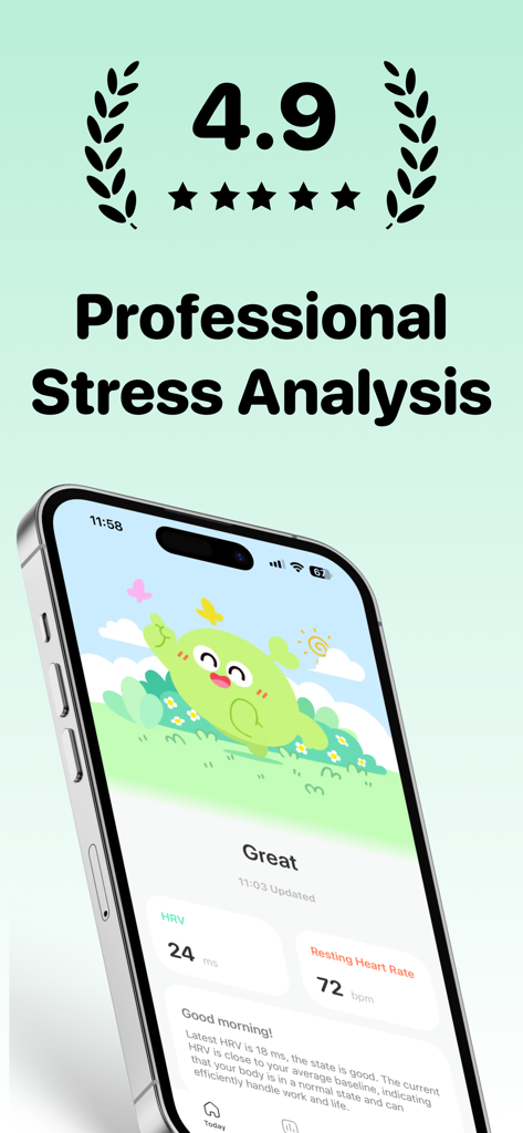 4.9점과 전문적인 심박 변이도 분석이 표시된 StressTracker 앱이 있는 iPhone.