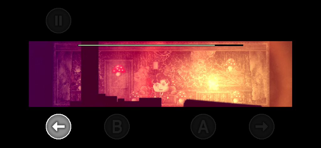 DISTRAINT - Deluxe Edition - A side-scrolling gameplay scene from DISTRAINT Deluxe Edition showing a character in a surreal room with red lighting and glowing mushrooms.