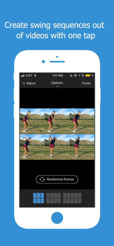 Mobile app interface displaying a six-frame golf swing sequence analysis